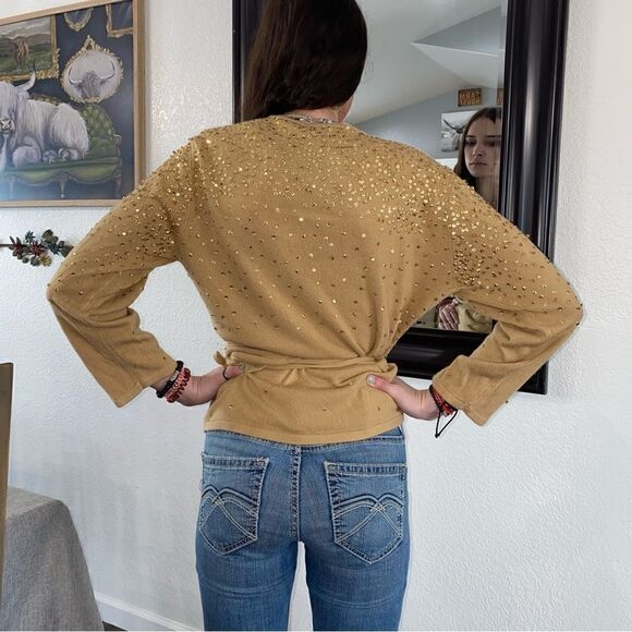 Newport News Womens V-Neck Long Sleeve Sequins Wrap Top Blouse Brown Size XL - Picture 8 of 15